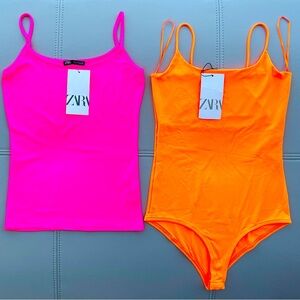 New with tags! Bundle of NEON Tops ORANGE BODYSUIT + PINK CAMI        Size Small